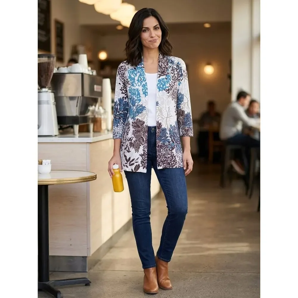 Christopher & Banks Floral Leaf Print 3/4 Cardigan Sweater Women Size S